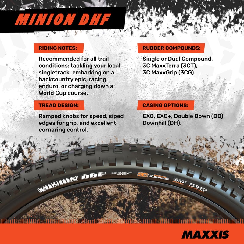 Maxxis ماكسيس مينيون DHF - 24x2.40 - EXO، E25 | مركب مزدوج EXO - تصنيف E25، بدون أنبوب | المعيار الذهبي لنمط المداس الموجه نحو الجاذبية - Image 3